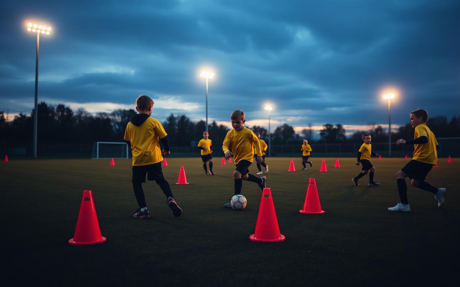 Crianças treinando futebol no campo iluminado da Academia Imigrante
